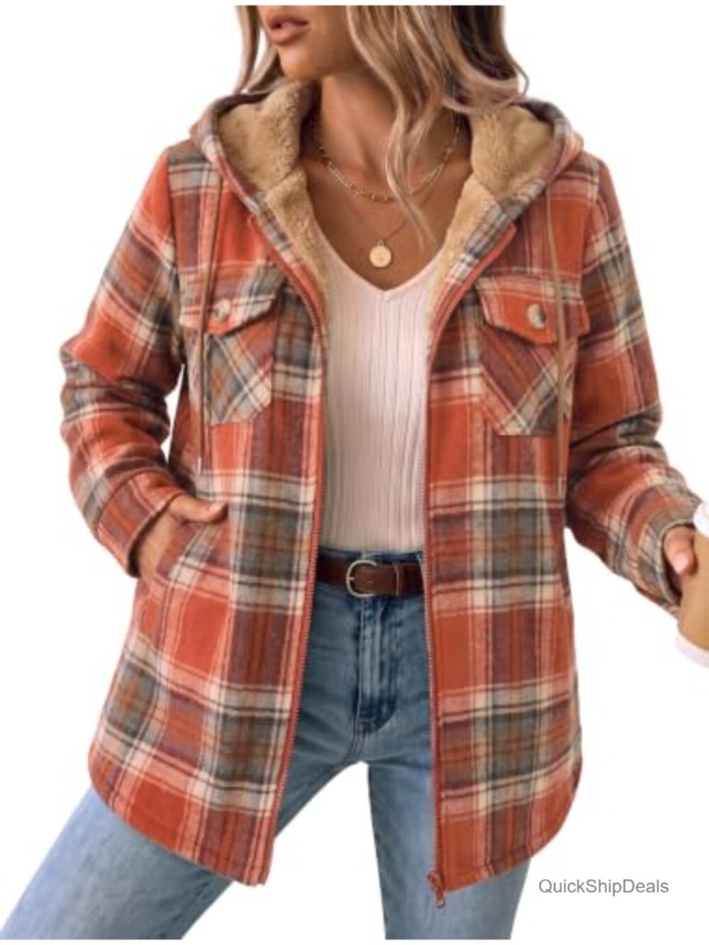 Plaid Fleece Lined Hooded Shacket Zip Up Winter Coat